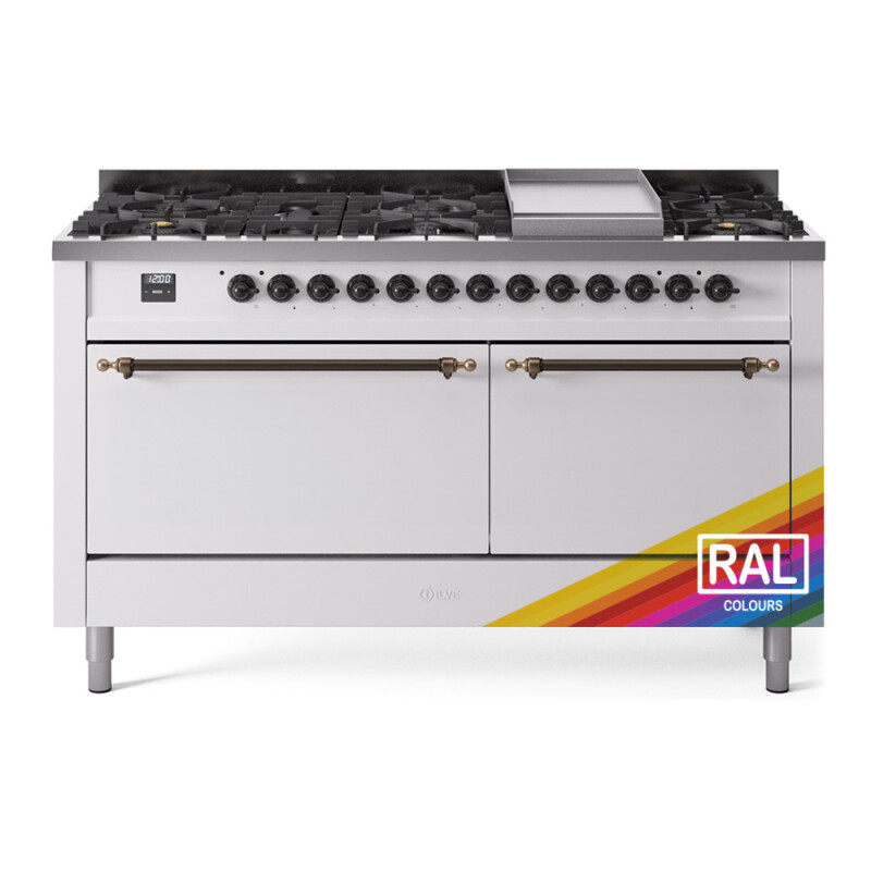 Nostalgie II 60 UP60FQNMPRAB Freestanding Dual Fuel Range with 9 Sealed Burners with Griddle Double Oven with Solid Door with Bronze knobs UP60FQNMPRAB