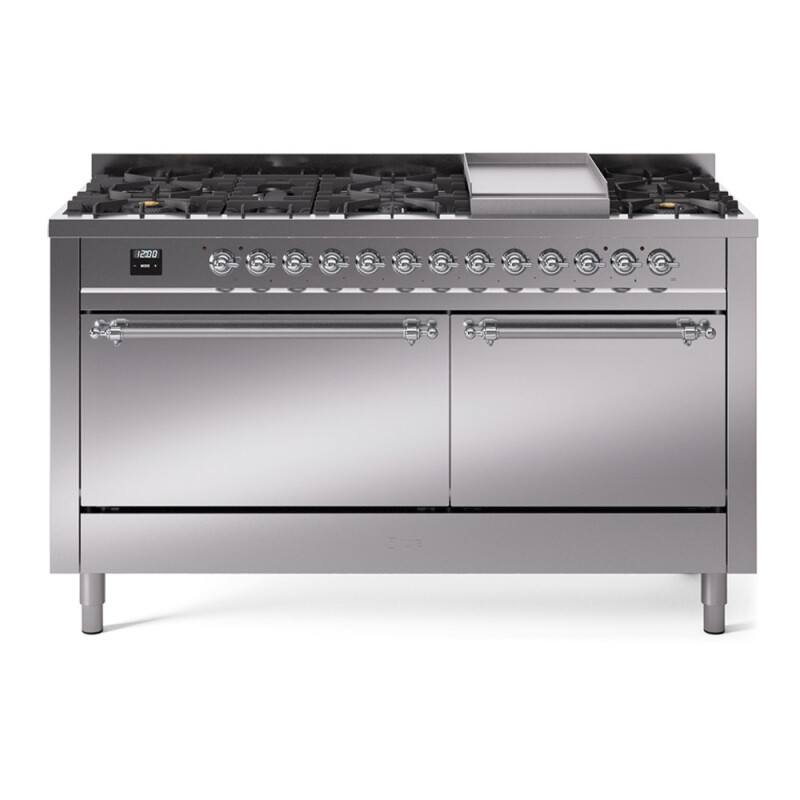 Nostalgie II 60 UP60FQNMPSSC Freestanding Dual Fuel Range with 9 Sealed Burners with Griddle Double Oven with Solid Door with Chrome knobs UP60FQNMPSSC