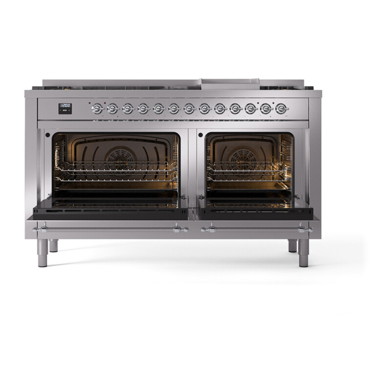 Nostalgie II 60 UP60FQNMPSSC Freestanding Dual Fuel Range with 9 Sealed Burners with Griddle Double Oven with Solid Door with Chrome knobs UP60FQNMPSSC