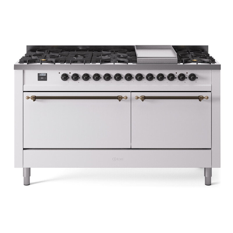 Nostalgie II 60 UP60FQNMPWHB Freestanding Dual Fuel Range with 9 Sealed Burners with Griddle Double Oven with Solid Door with Bronze knobs UP60FQNMPWHBLP