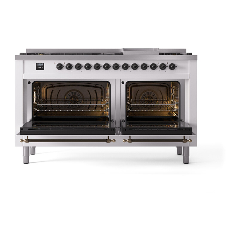 Nostalgie II 60 UP60FQNMPWHB Freestanding Dual Fuel Range with 9 Sealed Burners with Griddle Double Oven with Solid Door with Bronze knobs UP60FQNMPWHBLP