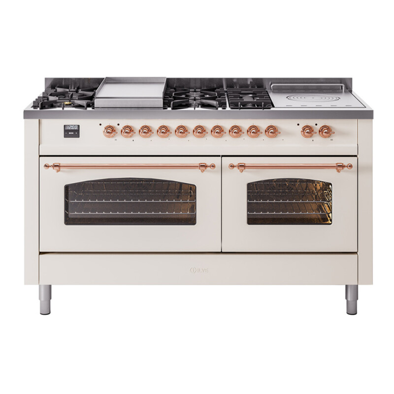 Nostalgie II 60 UP60FSNMPAWP Freestanding Dual Fuel Range with 7 Sealed Burners with Griddle and French Top Double Oven with Triple Glass Door with Copper knobs UP60FSNMPAWPLP