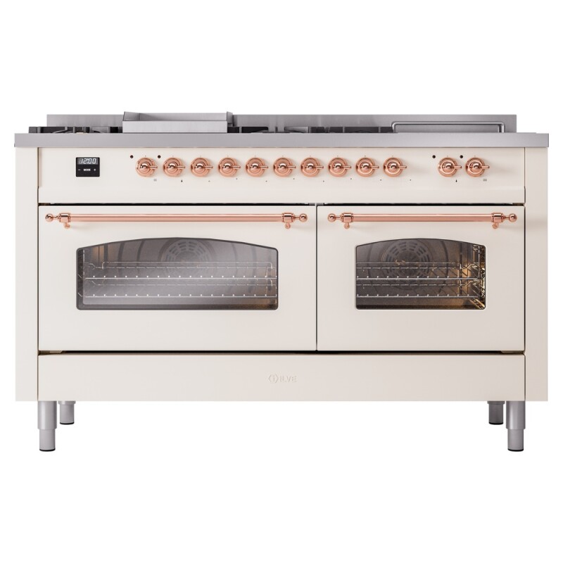 Nostalgie II 60 UP60FSNMPAWP Freestanding Dual Fuel Range with 7 Sealed Burners with Griddle and French Top Double Oven with Triple Glass Door with Copper knobs UP60FSNMPAWPLP