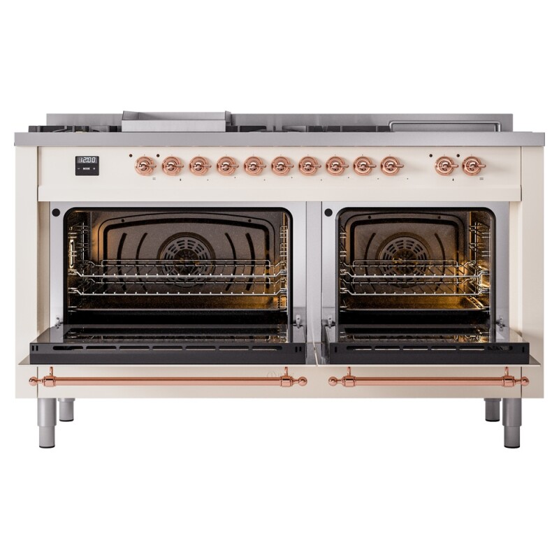 Nostalgie II 60 UP60FSNMPAWP Freestanding Dual Fuel Range with 7 Sealed Burners with Griddle and French Top Double Oven with Triple Glass Door with Copper knobs UP60FSNMPAWPLP