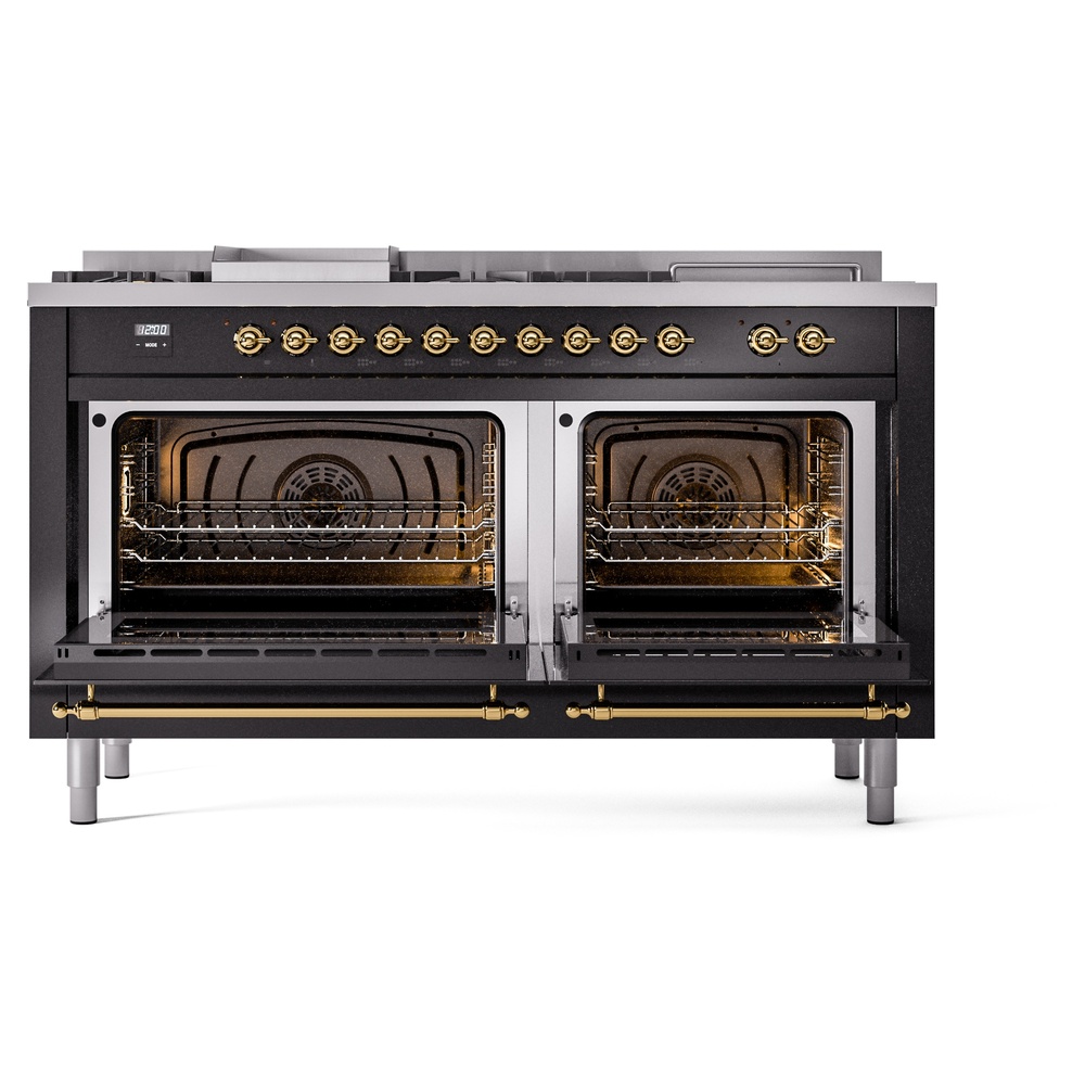 Nostalgie II 60 UP60FSNMPBKG Freestanding Dual Fuel Range with 7 Sealed Burners with Griddle and French Top Double Oven with Triple Glass Door with Brass knobs UP60FSNMPBKGLP
