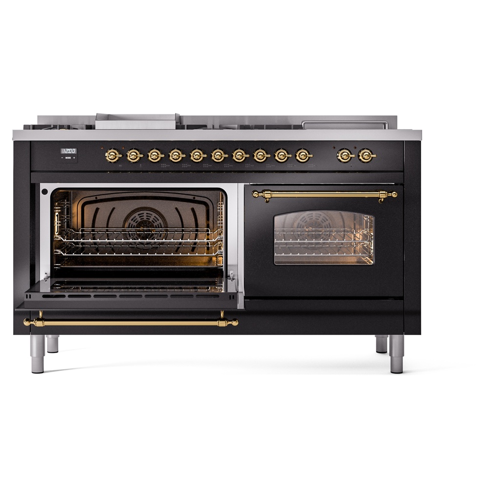 Nostalgie II 60 UP60FSNMPBKG Freestanding Dual Fuel Range with 7 Sealed Burners with Griddle and French Top Double Oven with Triple Glass Door with Brass knobs UP60FSNMPBKGLP