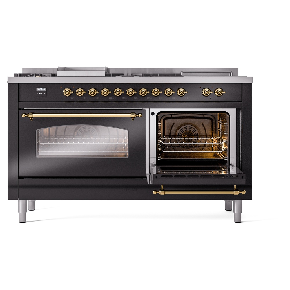 Nostalgie II 60 UP60FSNMPBKG Freestanding Dual Fuel Range with 7 Sealed Burners with Griddle and French Top Double Oven with Triple Glass Door with Brass knobs UP60FSNMPBKGLP