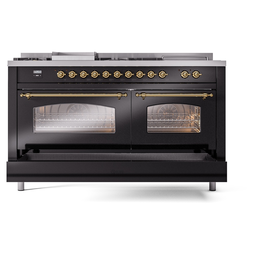 Nostalgie II 60 UP60FSNMPBKG Freestanding Dual Fuel Range with 7 Sealed Burners with Griddle and French Top Double Oven with Triple Glass Door with Brass knobs UP60FSNMPBKGLP
