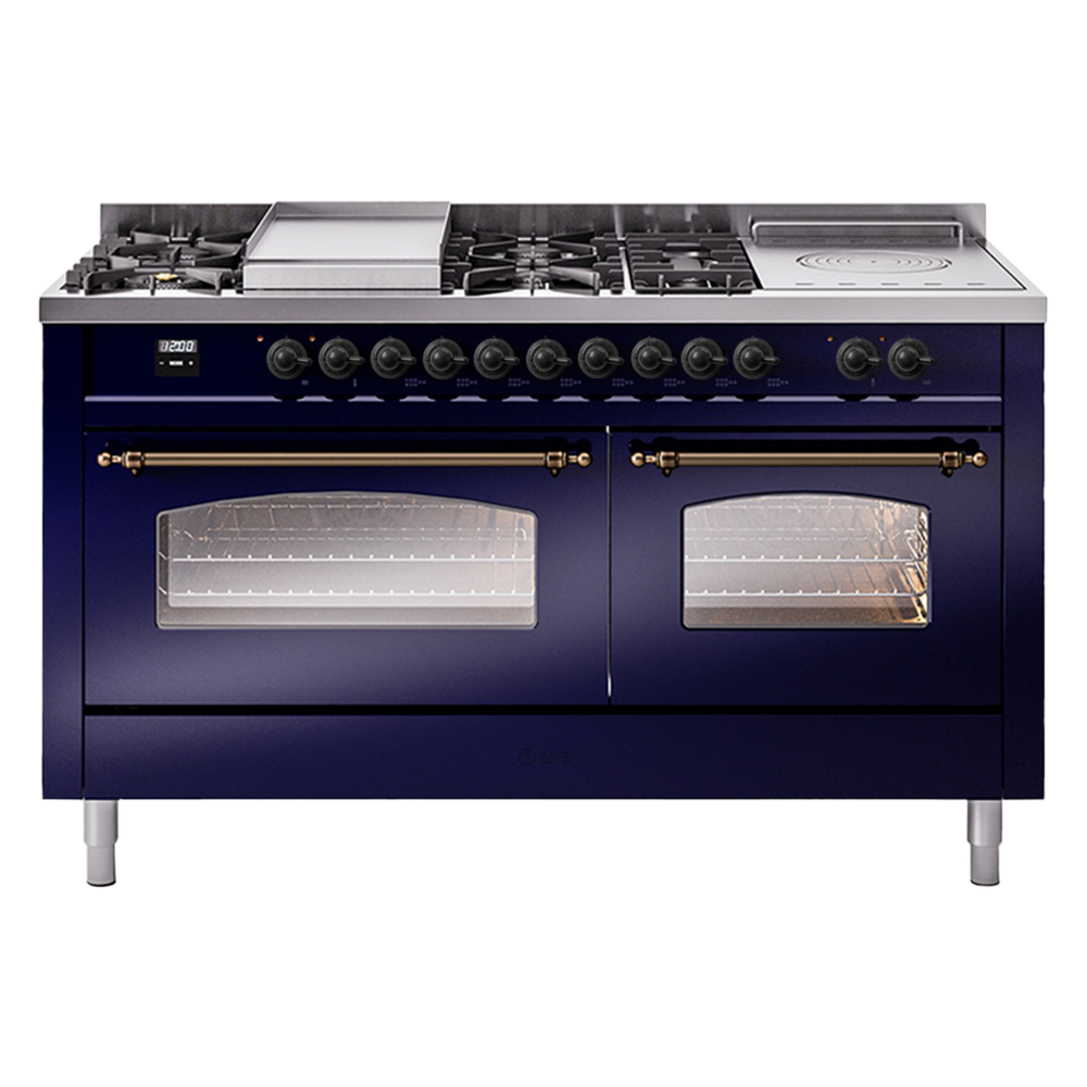 Nostalgie II 60 UP60FSNMPMBB Freestanding Dual Fuel Range with 7 Sealed Burners with Griddle and French Top Double Oven with Triple Glass Door with Bronze knobs UP60FSNMPMBBLP