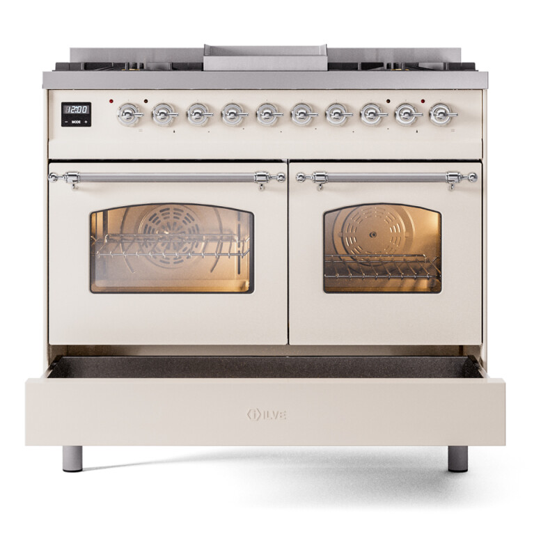 Nostalgie II 40 UPD40FNMPAWC Freestanding Dual Fuel Range with 6 Sealed Burners with Griddle Double Oven with Triple Glass Door with Chrome knobs UPD40FNMPAWCLP