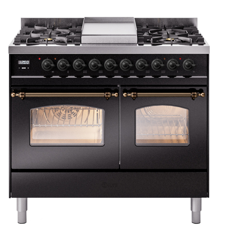 Nostalgie II 40 UPD40FNMPBKB Freestanding Dual Fuel Range with 6 Sealed Burners with Griddle Double Oven with Triple Glass Door with Bronze knobs UPD40FNMPBKB