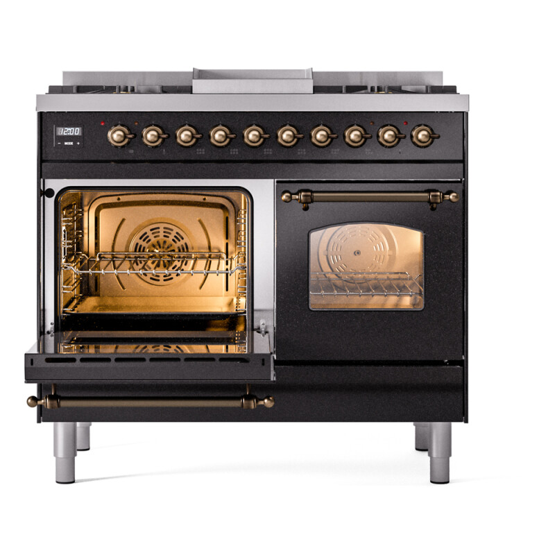 Nostalgie II 40 UPD40FNMPBKB Freestanding Dual Fuel Range with 6 Sealed Burners with Griddle Double Oven with Triple Glass Door with Bronze knobs UPD40FNMPBKB