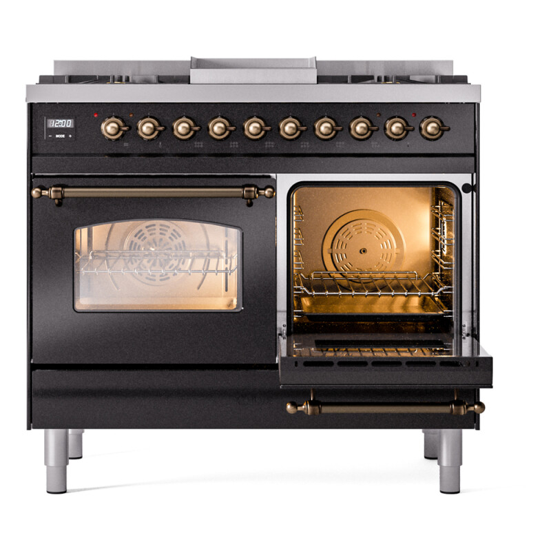 Nostalgie II 40 UPD40FNMPBKB Freestanding Dual Fuel Range with 6 Sealed Burners with Griddle Double Oven with Triple Glass Door with Bronze knobs UPD40FNMPBKB