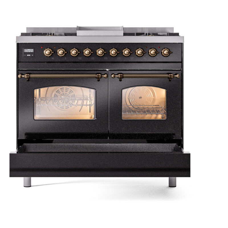 Nostalgie II 40 UPD40FNMPBKB Freestanding Dual Fuel Range with 6 Sealed Burners with Griddle Double Oven with Triple Glass Door with Bronze knobs UPD40FNMPBKB