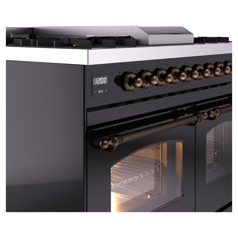 Nostalgie II 40 UPD40FNMPBKB Freestanding Dual Fuel Range with 6 Sealed Burners with Griddle Double Oven with Triple Glass Door with Bronze knobs UPD40FNMPBKB
