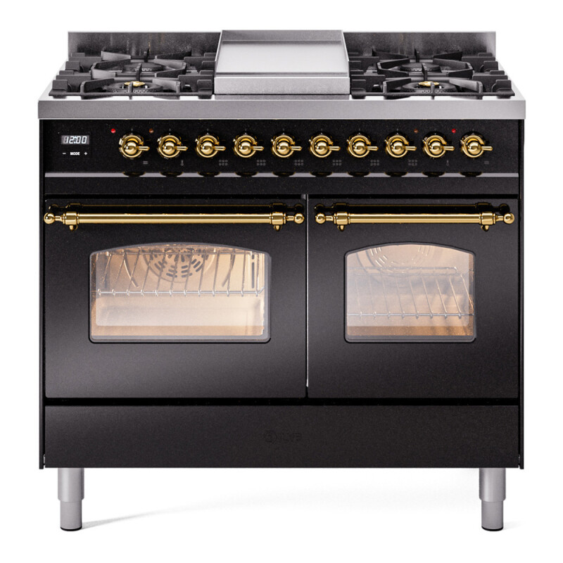 Nostalgie II 40 UPD40FNMPBKG Freestanding Dual Fuel Range with 6 Sealed Burners with Griddle Double Oven with Triple Glass Door with Brass knobs UPD40FNMPBKGLP