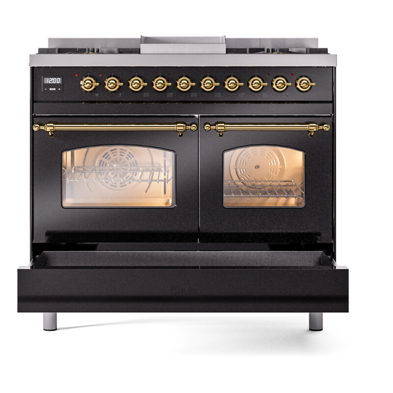 Nostalgie II 40 UPD40FNMPBKG Freestanding Dual Fuel Range with 6 Sealed Burners with Griddle Double Oven with Triple Glass Door with Brass knobs UPD40FNMPBKGLP