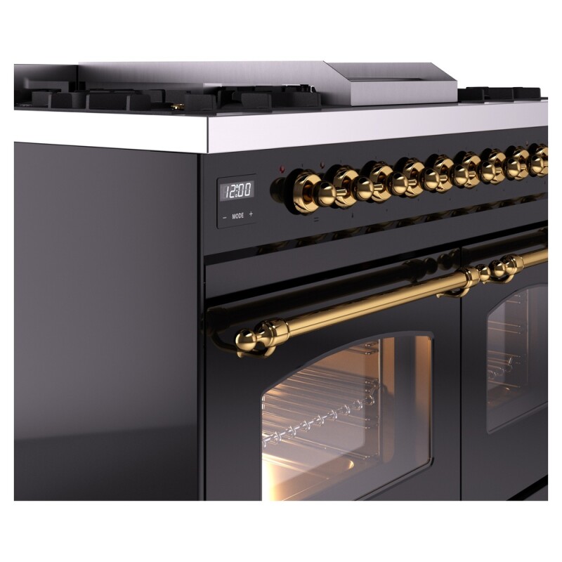 Nostalgie II 40 UPD40FNMPBKG Freestanding Dual Fuel Range with 6 Sealed Burners with Griddle Double Oven with Triple Glass Door with Brass knobs UPD40FNMPBKGLP