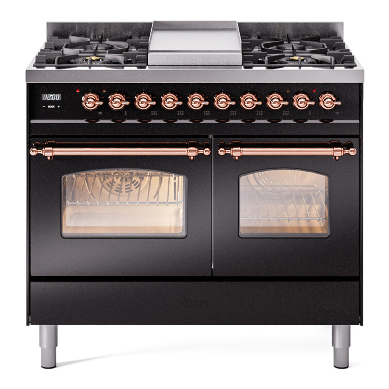 Nostalgie II 40 UPD40FNMPBKP Freestanding Dual Fuel Range with 6 Sealed Burners with Griddle Double Oven with Triple Glass Door with Copper knobs UPD40FNMPBKPLP