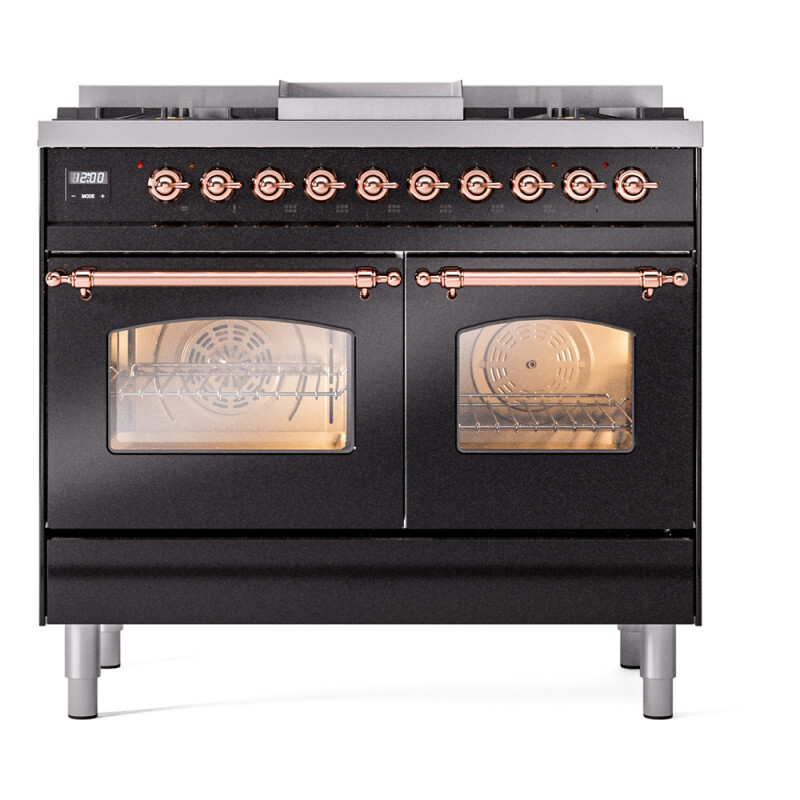 Nostalgie II 40 UPD40FNMPBKP Freestanding Dual Fuel Range with 6 Sealed Burners with Griddle Double Oven with Triple Glass Door with Copper knobs UPD40FNMPBKPLP