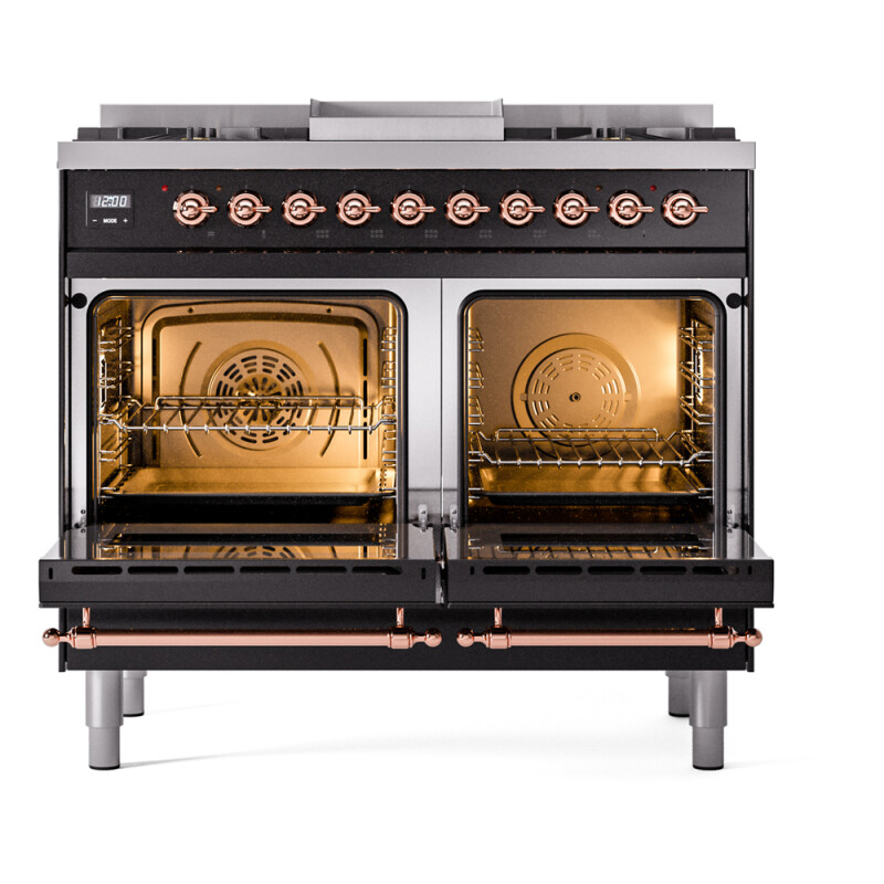 Nostalgie II 40 UPD40FNMPBKP Freestanding Dual Fuel Range with 6 Sealed Burners with Griddle Double Oven with Triple Glass Door with Copper knobs UPD40FNMPBKPLP