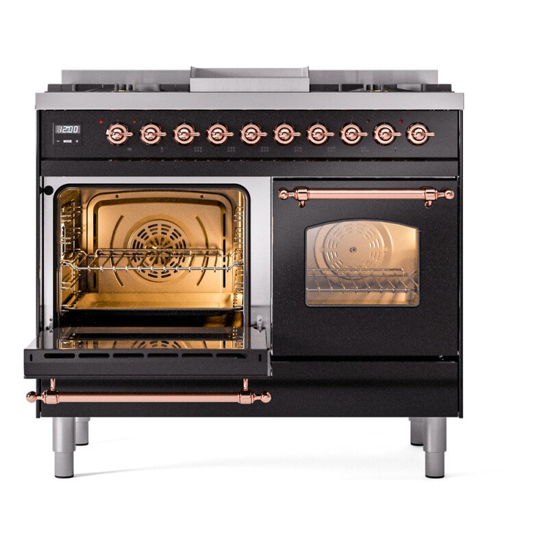Nostalgie II 40 UPD40FNMPBKP Freestanding Dual Fuel Range with 6 Sealed Burners with Griddle Double Oven with Triple Glass Door with Copper knobs UPD40FNMPBKPLP