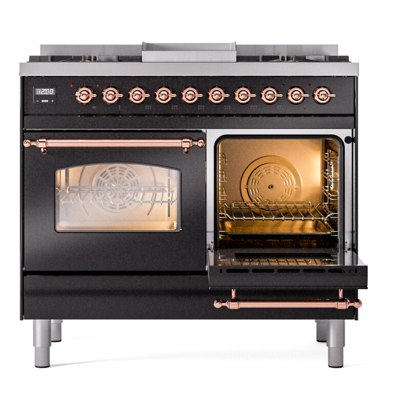 Nostalgie II 40 UPD40FNMPBKP Freestanding Dual Fuel Range with 6 Sealed Burners with Griddle Double Oven with Triple Glass Door with Copper knobs UPD40FNMPBKPLP