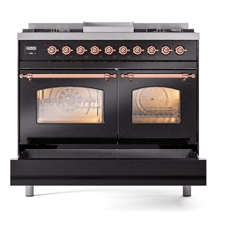 Nostalgie II 40 UPD40FNMPBKP Freestanding Dual Fuel Range with 6 Sealed Burners with Griddle Double Oven with Triple Glass Door with Copper knobs UPD40FNMPBKPLP
