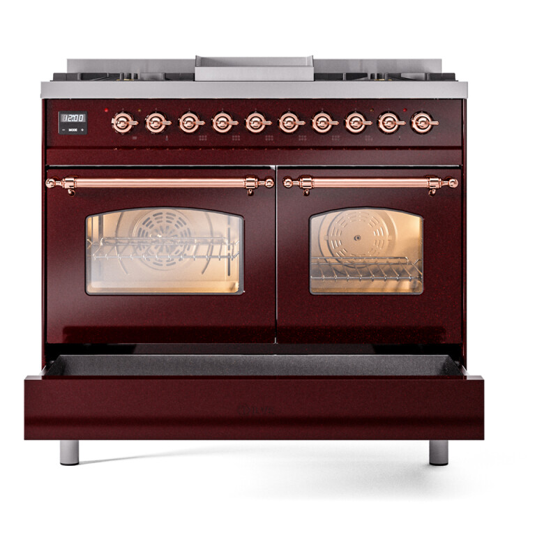Nostalgie II 40 UPD40FNMPBUP Freestanding Dual Fuel Range with 6 Sealed Burners with Griddle Double Oven with Triple Glass Door with Copper knobs UPD40FNMPBUP