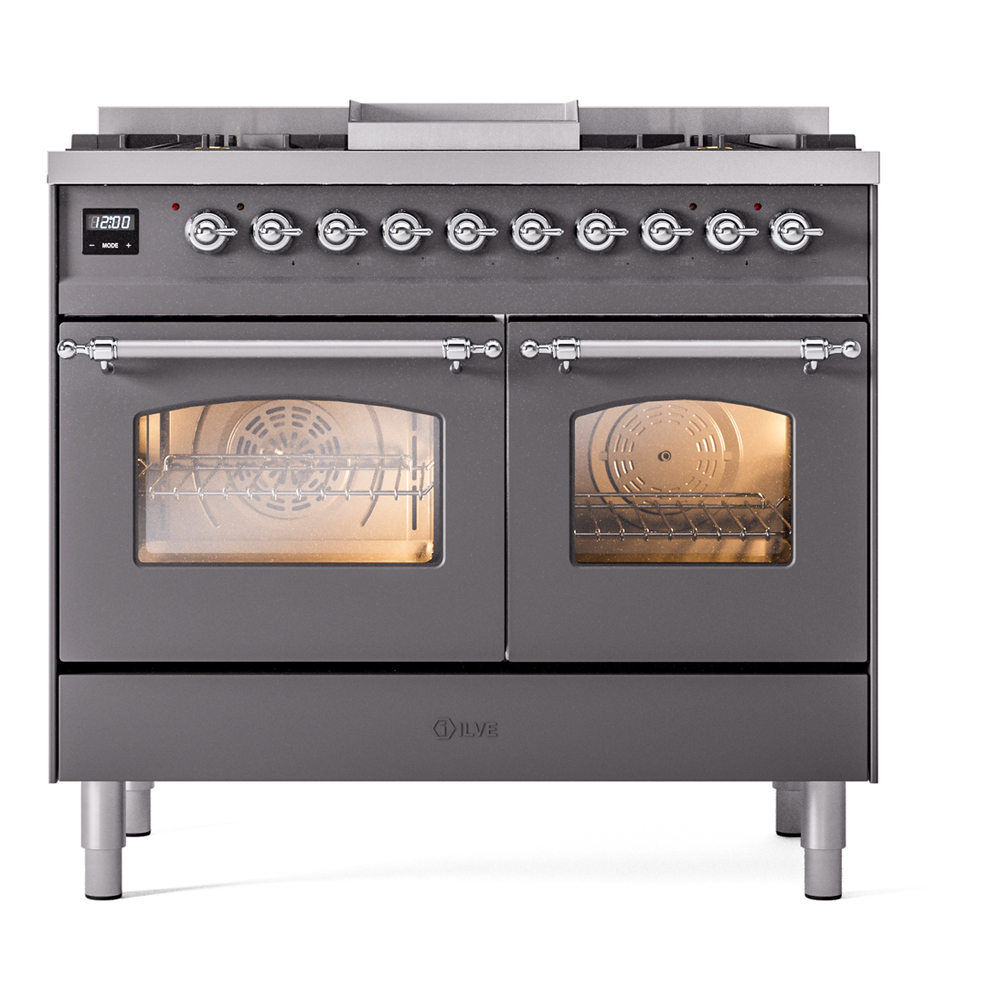 Nostalgie II 40 UPD40FNMPMGC Freestanding Dual Fuel Range with 6 Sealed Burners with Griddle Double Oven with Triple Glass Door with Chrome knobs UPD40FNMPMGCLP