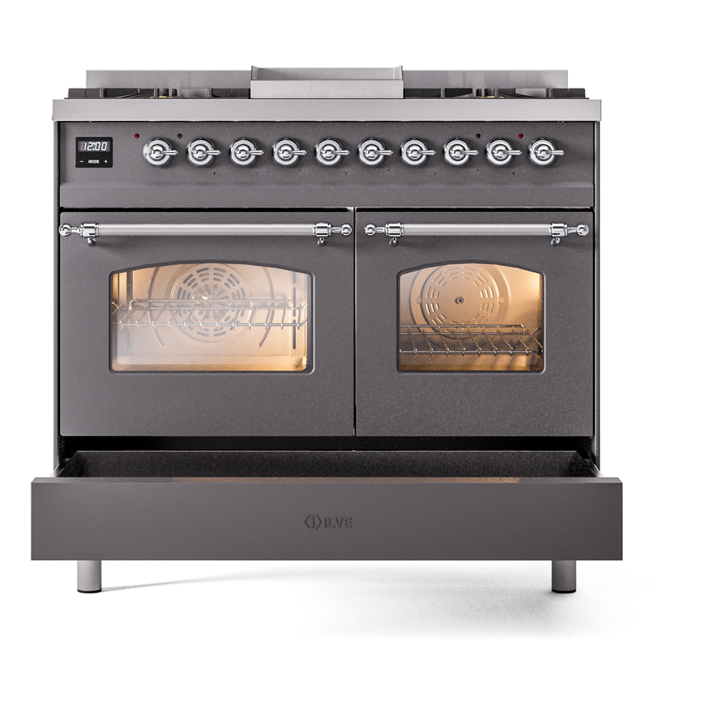 Nostalgie II 40 UPD40FNMPMGC Freestanding Dual Fuel Range with 6 Sealed Burners with Griddle Double Oven with Triple Glass Door with Chrome knobs UPD40FNMPMGCLP