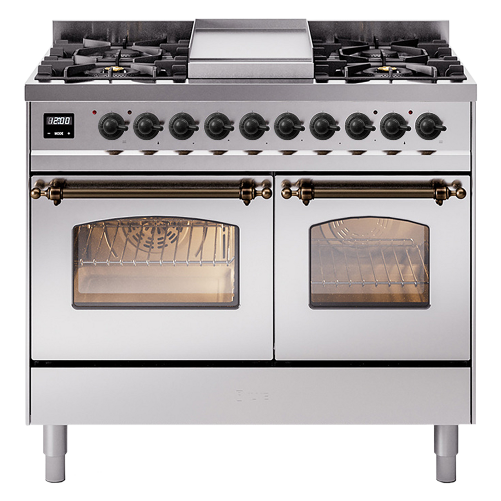 Nostalgie II 40 UPD40FNMPSSB Freestanding Dual Fuel Range with 6 Sealed Burners with Griddle Double Oven with Triple Glass Door with Bronze knobs UPD40FNMPSSBLP
