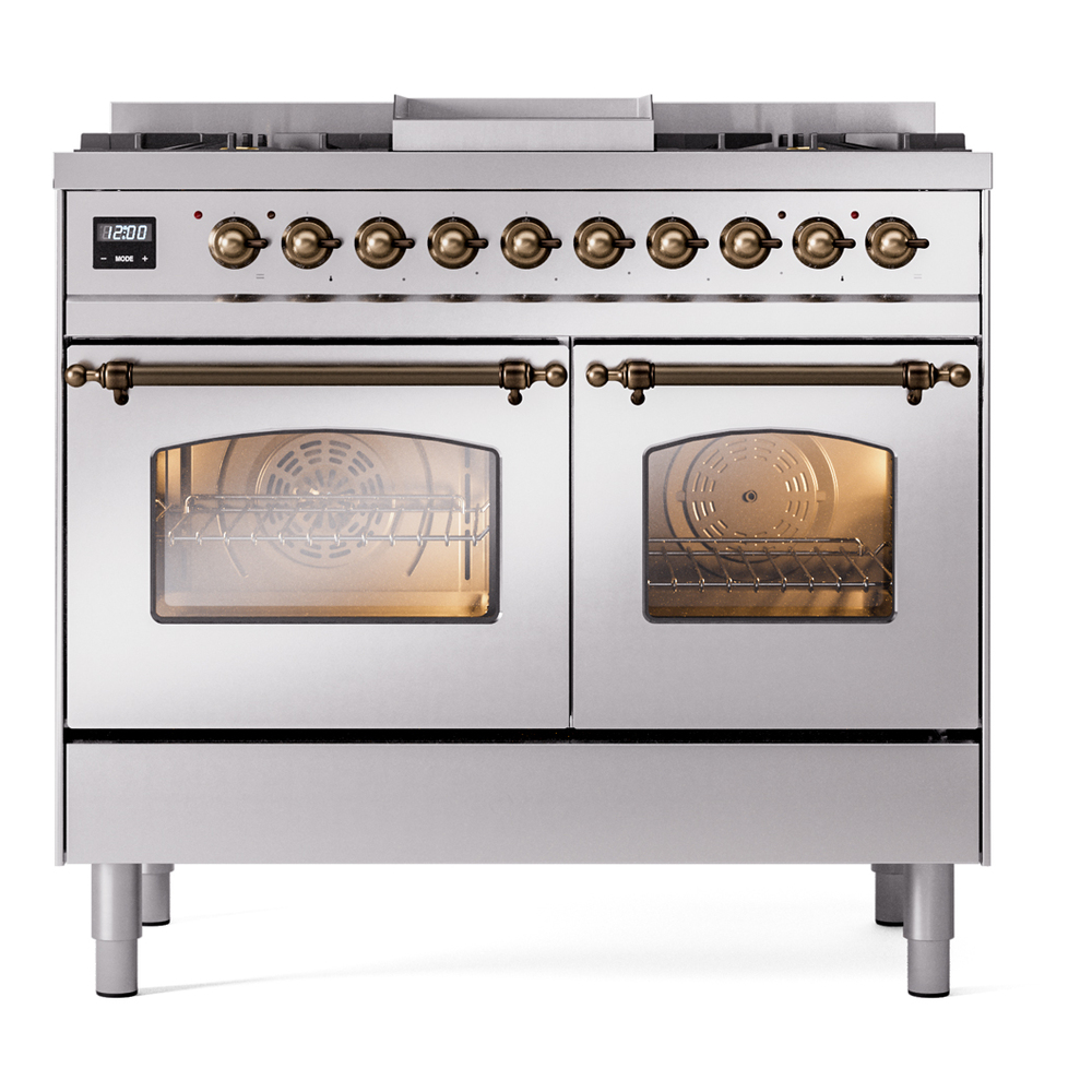 Nostalgie II 40 UPD40FNMPSSB Freestanding Dual Fuel Range with 6 Sealed Burners with Griddle Double Oven with Triple Glass Door with Bronze knobs UPD40FNMPSSBLP