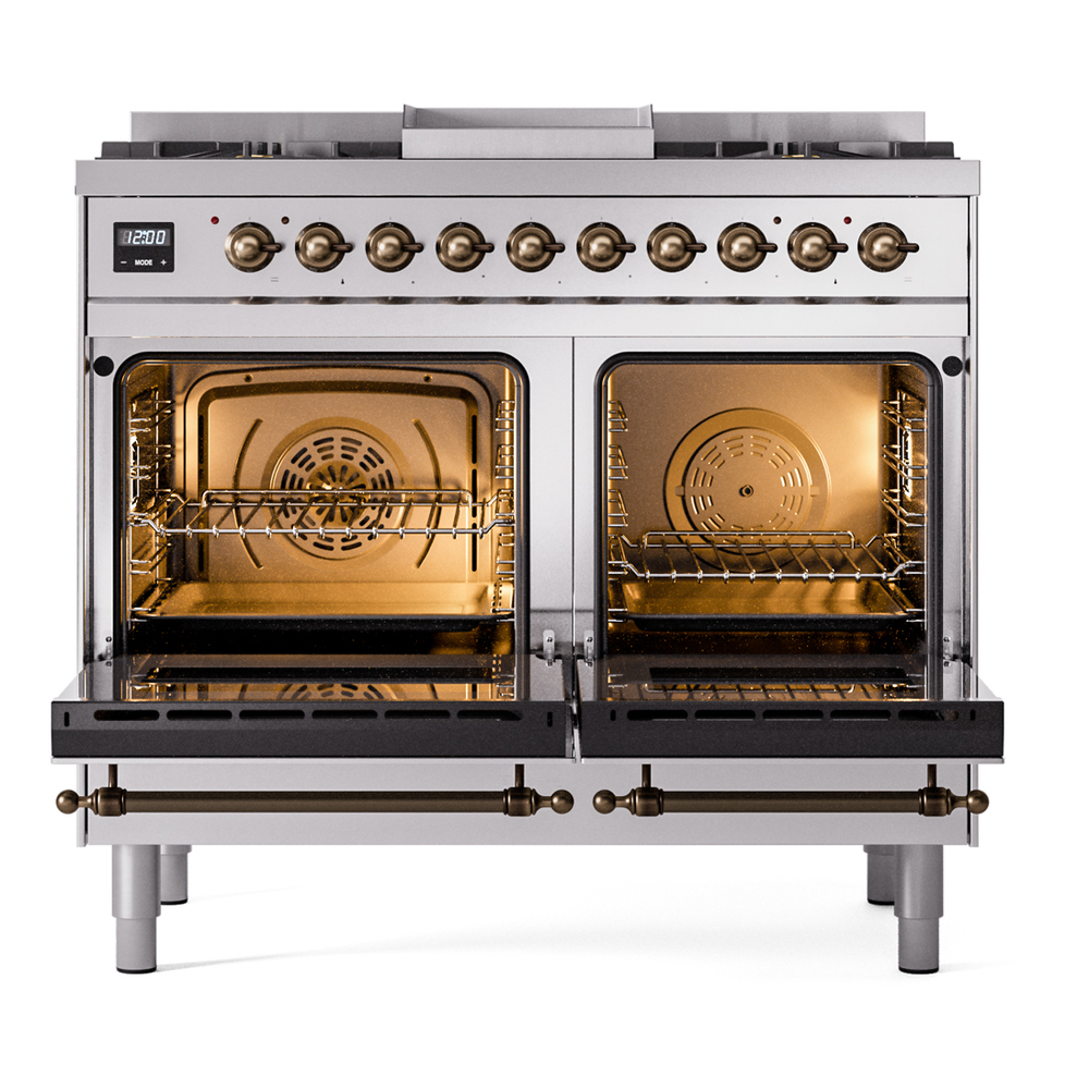 Nostalgie II 40 UPD40FNMPSSB Freestanding Dual Fuel Range with 6 Sealed Burners with Griddle Double Oven with Triple Glass Door with Bronze knobs UPD40FNMPSSBLP