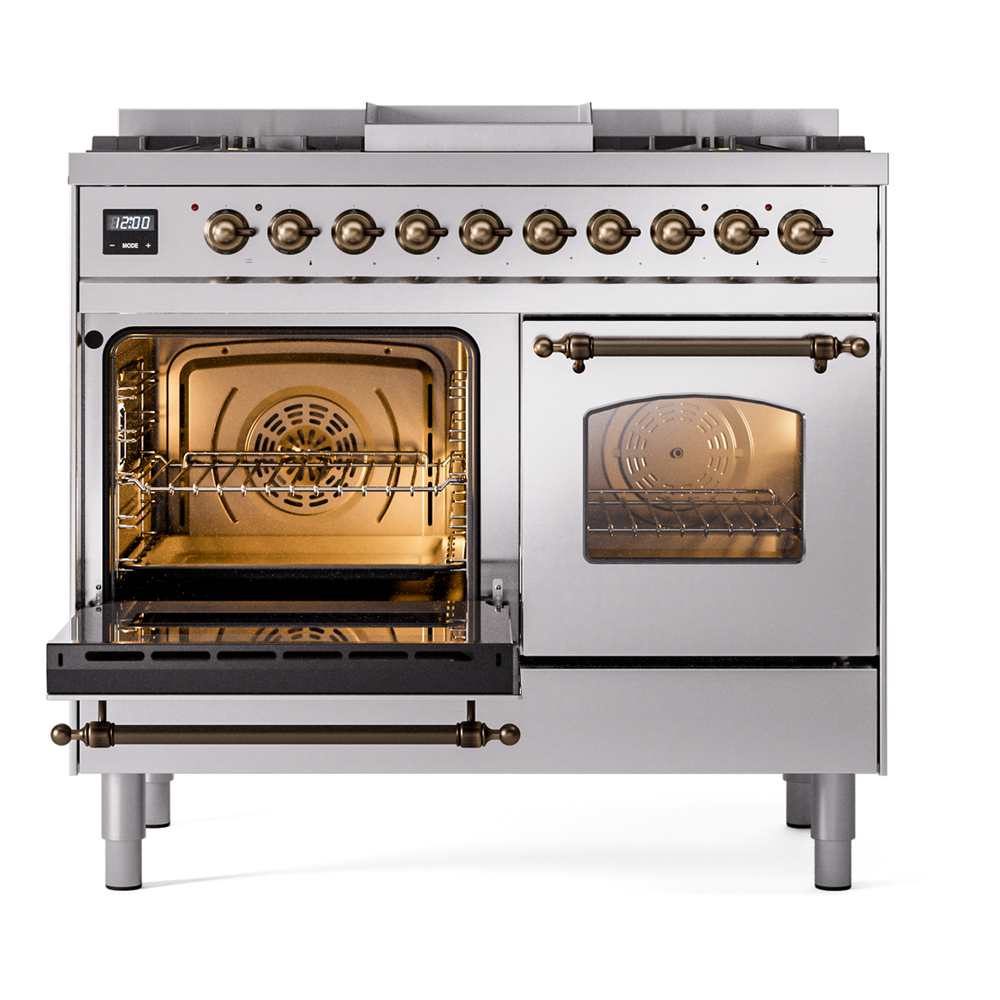 Nostalgie II 40 UPD40FNMPSSB Freestanding Dual Fuel Range with 6 Sealed Burners with Griddle Double Oven with Triple Glass Door with Bronze knobs UPD40FNMPSSBLP