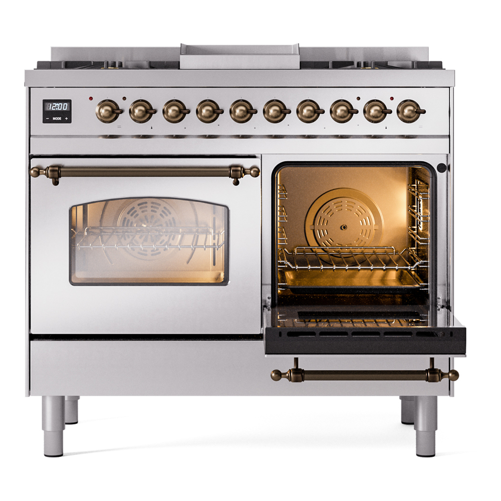 Nostalgie II 40 UPD40FNMPSSB Freestanding Dual Fuel Range with 6 Sealed Burners with Griddle Double Oven with Triple Glass Door with Bronze knobs UPD40FNMPSSBLP
