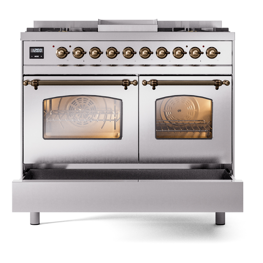 Nostalgie II 40 UPD40FNMPSSB Freestanding Dual Fuel Range with 6 Sealed Burners with Griddle Double Oven with Triple Glass Door with Bronze knobs UPD40FNMPSSBLP