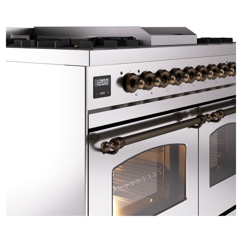 Nostalgie II 40 UPD40FNMPSSB Freestanding Dual Fuel Range with 6 Sealed Burners with Griddle Double Oven with Triple Glass Door with Bronze knobs UPD40FNMPSSBLP