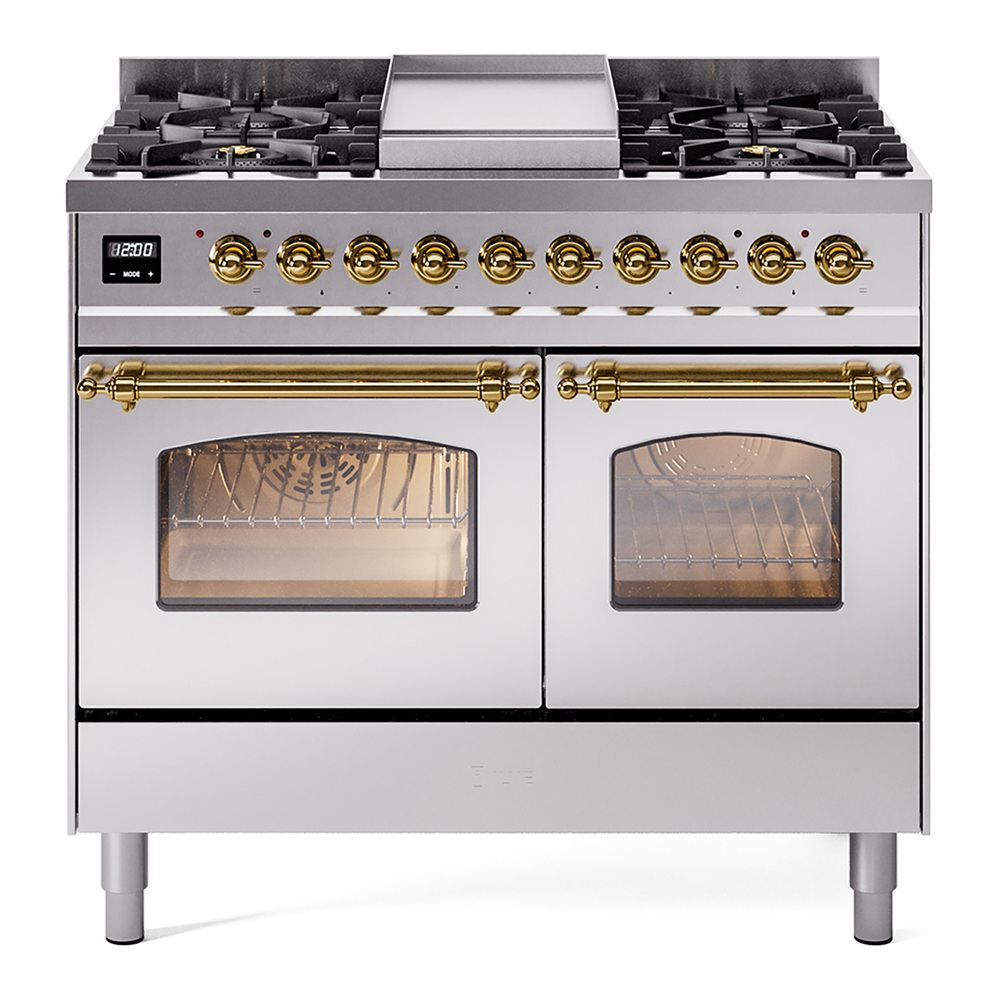 Nostalgie II 40 UPD40FNMPSSG Freestanding Dual Fuel Range with 6 Sealed Burners with Griddle Double Oven with Triple Glass Door with Brass knobs UPD40FNMPSSG