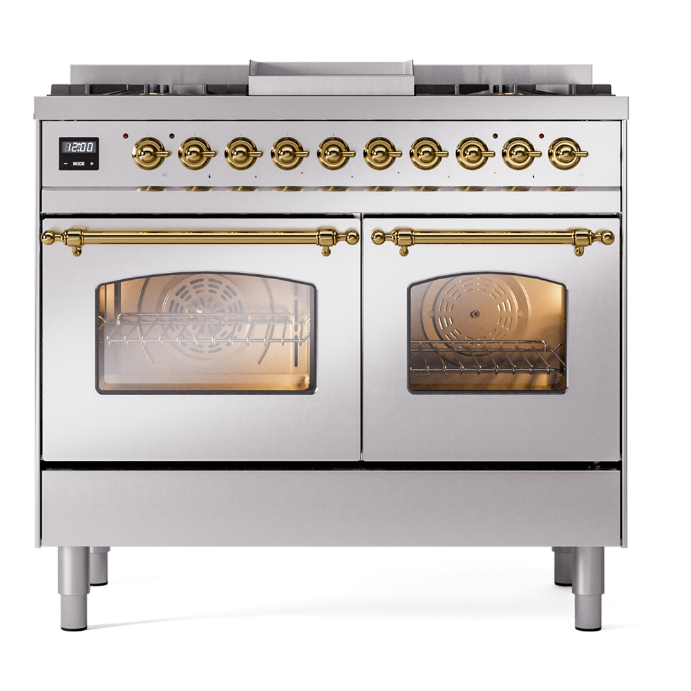 Nostalgie II 40 UPD40FNMPSSG Freestanding Dual Fuel Range with 6 Sealed Burners with Griddle Double Oven with Triple Glass Door with Brass knobs UPD40FNMPSSG