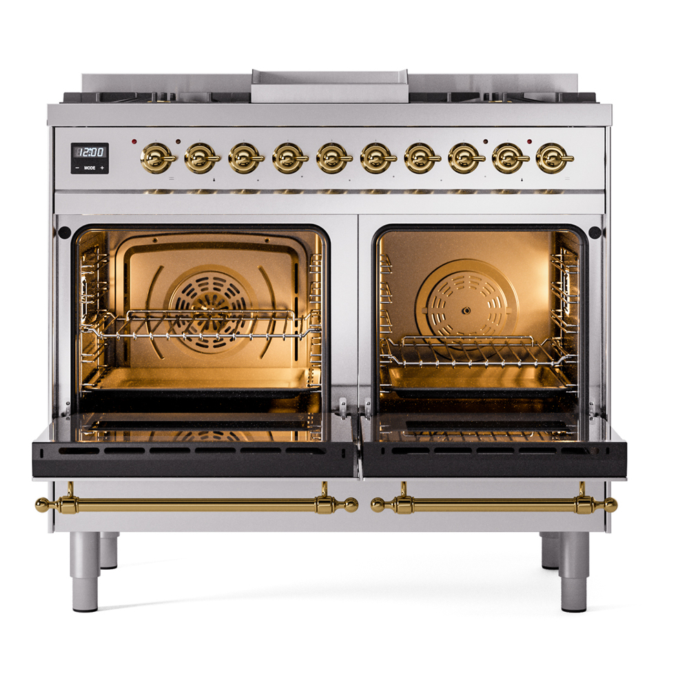 Nostalgie II 40 UPD40FNMPSSG Freestanding Dual Fuel Range with 6 Sealed Burners with Griddle Double Oven with Triple Glass Door with Brass knobs UPD40FNMPSSG