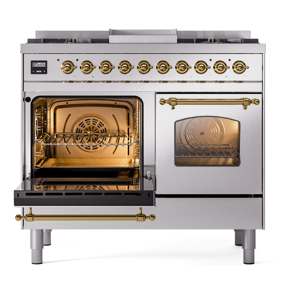 Nostalgie II 40 UPD40FNMPSSG Freestanding Dual Fuel Range with 6 Sealed Burners with Griddle Double Oven with Triple Glass Door with Brass knobs UPD40FNMPSSG