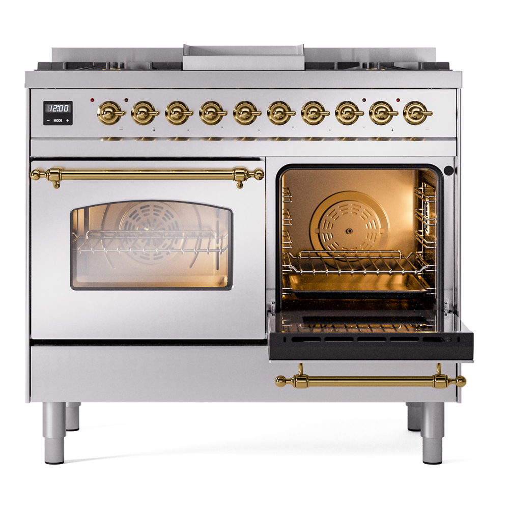 Nostalgie II 40 UPD40FNMPSSG Freestanding Dual Fuel Range with 6 Sealed Burners with Griddle Double Oven with Triple Glass Door with Brass knobs UPD40FNMPSSG