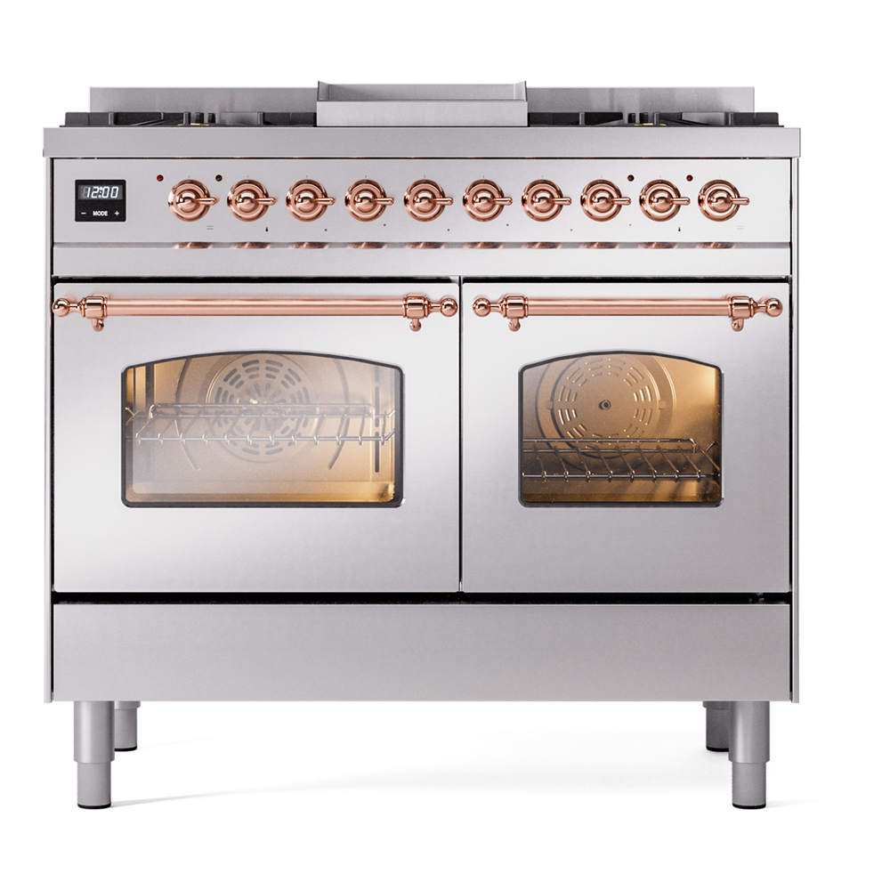 Nostalgie II 40 UPD40FNMPSSP Freestanding Dual Fuel Range with 6 Sealed Burners with Griddle Double Oven with Triple Glass Door with Copper knobs UPD40FNMPSSP