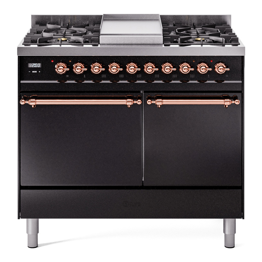 Nostalgie II 40 UPD40FQNMPBKP Freestanding Dual Fuel Range with 6 Sealed Burners with Griddle Double Oven with Solid Door with Copper knobs UPD40FQNMPBKPLP