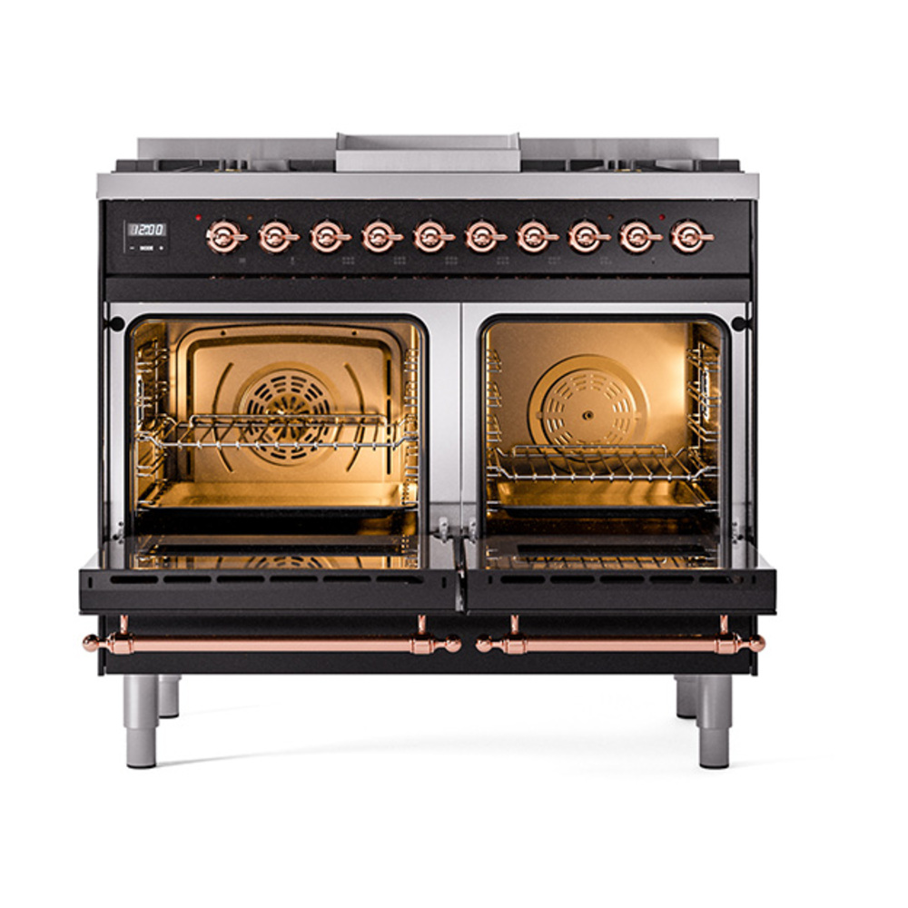 Nostalgie II 40 UPD40FQNMPBKP Freestanding Dual Fuel Range with 6 Sealed Burners with Griddle Double Oven with Solid Door with Copper knobs UPD40FQNMPBKPLP