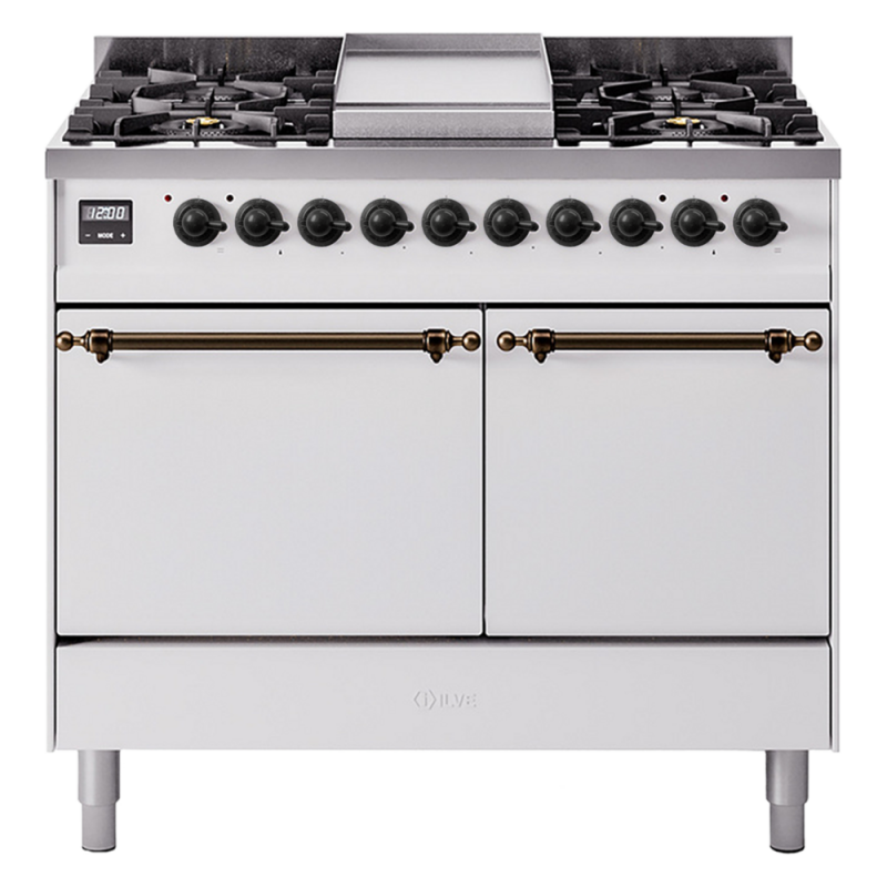 Nostalgie II 40 UPD40FQNMPWHB Freestanding Dual Fuel Range with 6 Sealed Burners with Griddle Double Oven with Solid Door with Bronze knobs UPD40FQNMPWHBLP