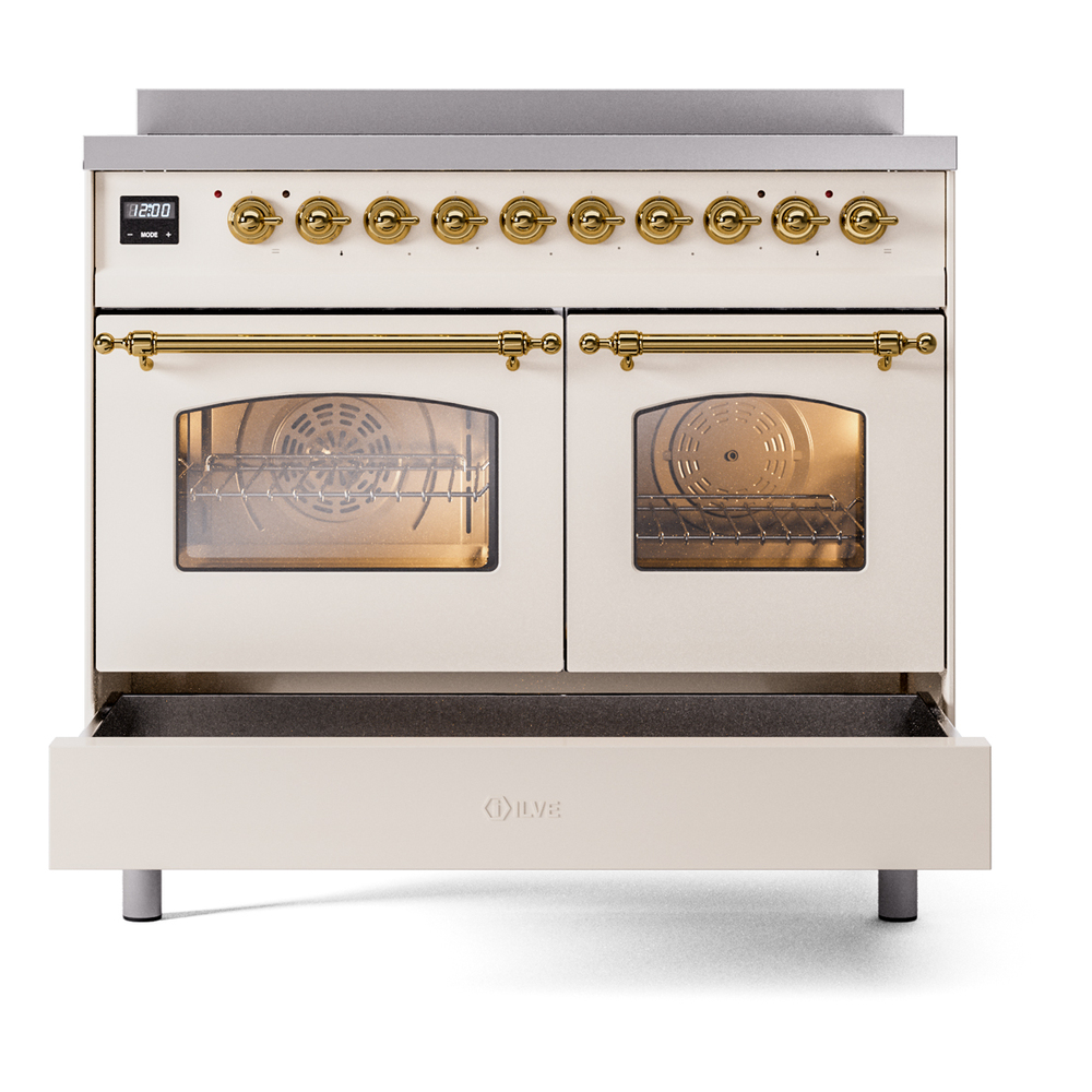 Nostalgie II Series 40 inch Freestanding Electric Induction Range with 6 Elements, Smoothtop Cooktop, 4.3 cu. ft. Total Oven Capacity, Convection Oven, Storage Drawer with Brass Trim UPDI406NMPAWG