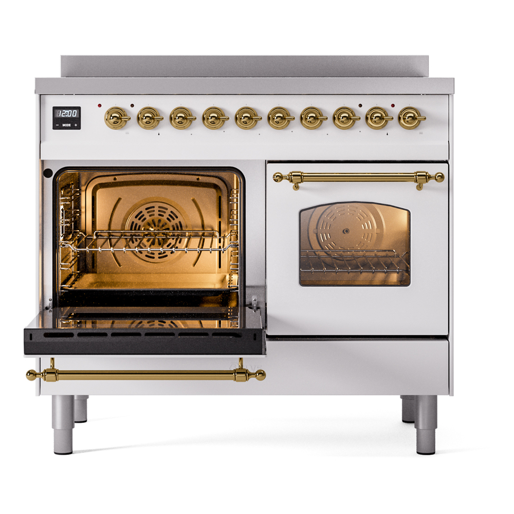 Nostalgie II Series 40 inch Freestanding Electric Induction Range with 6 Elements, Smoothtop Cooktop, 4.3 cu. ft. Total Oven Capacity, Convection Oven, Storage Drawer with Brass Trim UPDI406NMPWHG