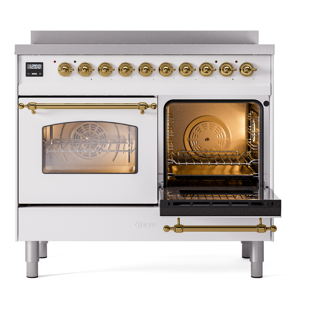 Nostalgie II Series 40 inch Freestanding Electric Induction Range with 6 Elements, Smoothtop Cooktop, 4.3 cu. ft. Total Oven Capacity, Convection Oven, Storage Drawer with Brass Trim UPDI406NMPWHG